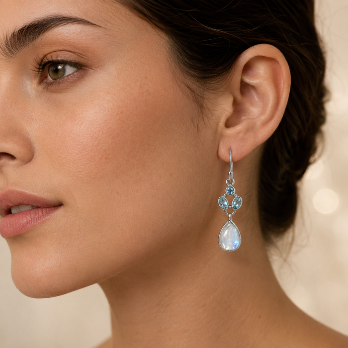 Sterling Silver Moonstone & Aquamarine Cluster Drop Earrings