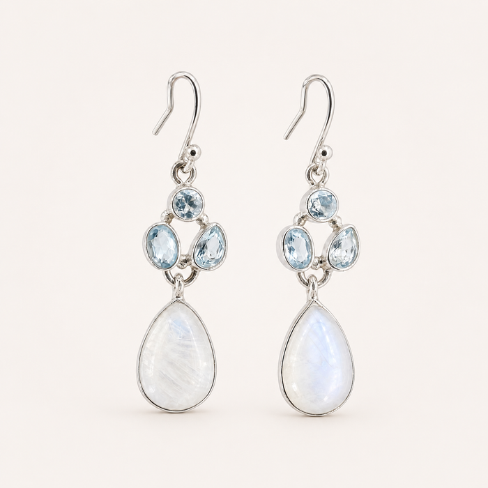 Sterling Silver Moonstone & Aquamarine Cluster Drop Earrings