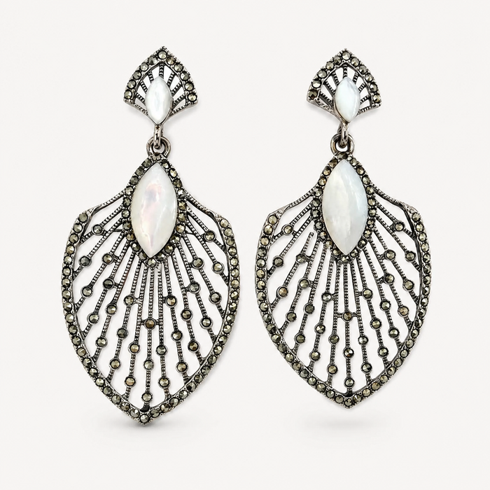 Sterling Silver Mother of Pearl Marquise Filigree Drop Earrings
