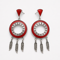Sterling Silver Natural Coral Chandelier Drop Earrings with Feather Charms