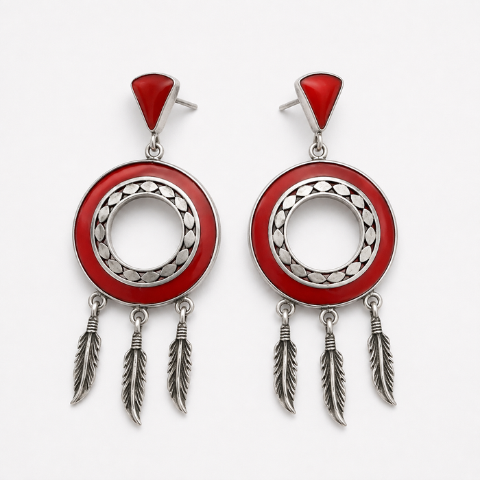 Sterling Silver Natural Coral Chandelier Drop Earrings with Feather Charms