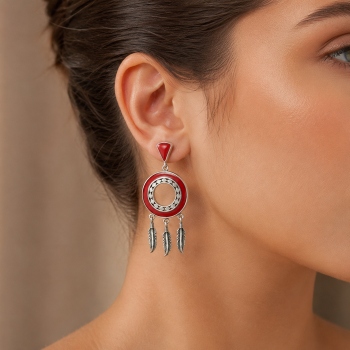 Sterling Silver Natural Coral Chandelier Drop Earrings with Feather Charms