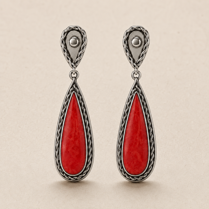 Sterling Silver Natural Coral Pear Drop Earrings