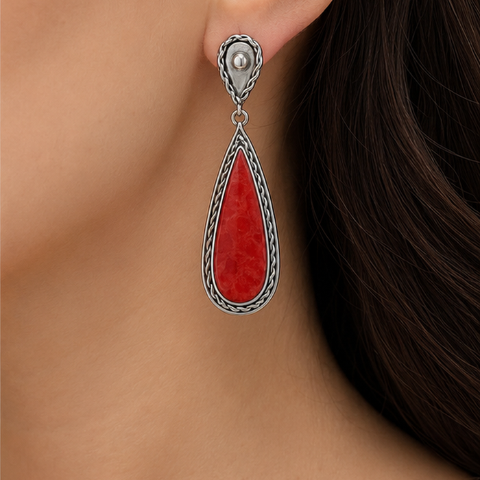 Sterling Silver Natural Coral Pear Drop Earrings