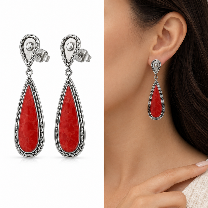 Sterling Silver Natural Coral Pear Drop Earrings
