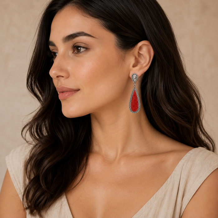 Sterling Silver Natural Coral Pear Drop Earrings