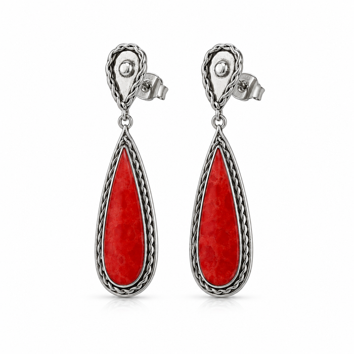 Sterling Silver Natural Coral Pear Drop Earrings