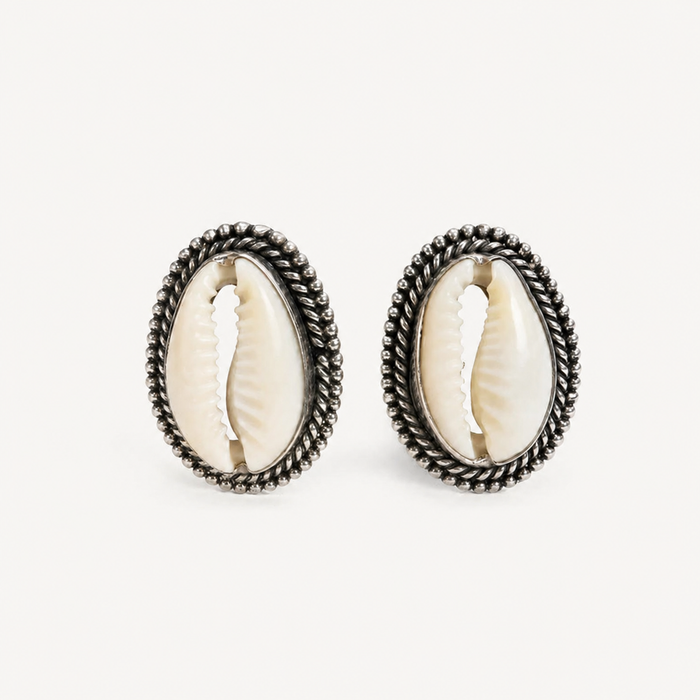 Sterling Silver Oxidized Cowrie Shell Oval Stud Earrings