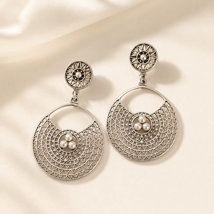 Sterling Silver Oxidized Filigree Crescent Drop Earrings