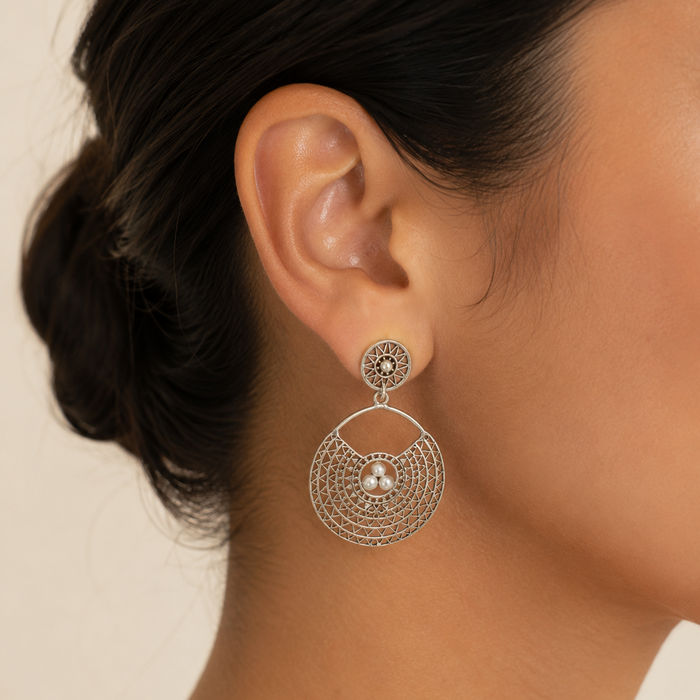 Sterling Silver Oxidized Filigree Crescent Drop Earrings