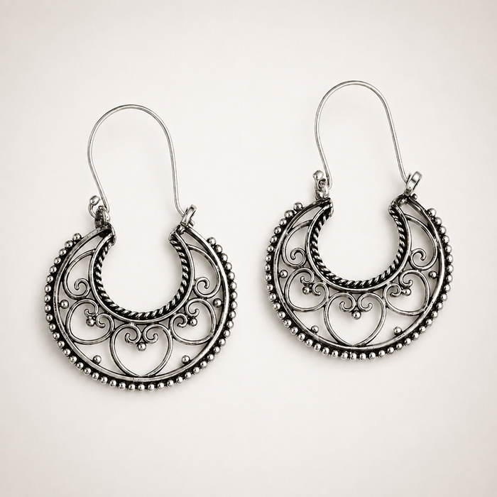 Sterling Silver Oxidized Filigree Crescent Hoop Earrings