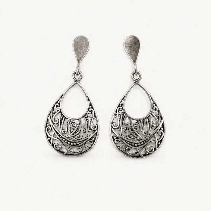 Sterling Silver Oxidized Filigree Teardrop Drop Earrings