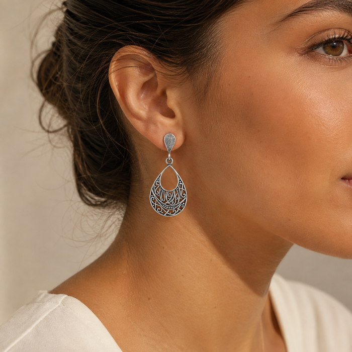 Sterling Silver Oxidized Filigree Teardrop Drop Earrings