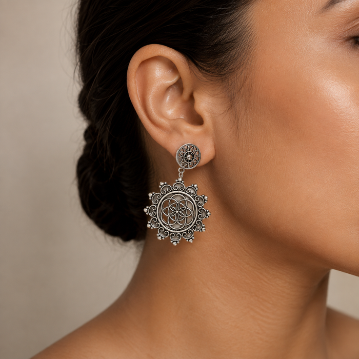 Sterling Silver Oxidized Mandala Drop Earrings