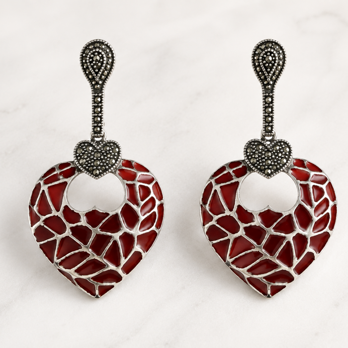 Sterling Silver Red Enamel Heart Drop Earrings with Marcasite