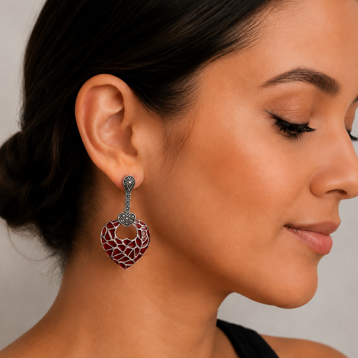 Sterling Silver Red Enamel Heart Drop Earrings with Marcasite