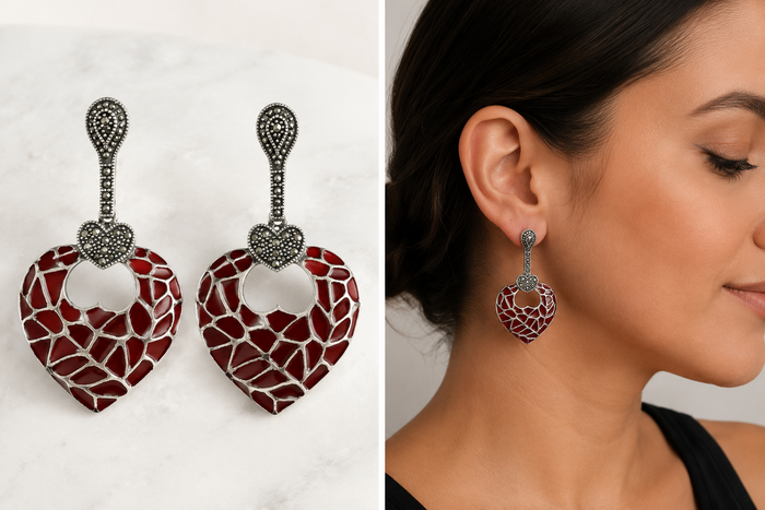 Sterling Silver Red Enamel Heart Drop Earrings with Marcasite