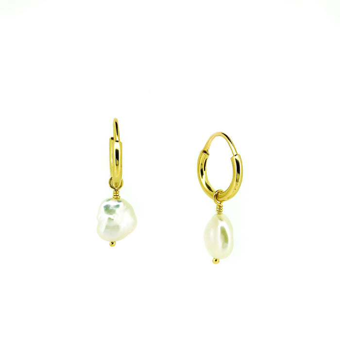 Gold sleeper earrings with natural keshi freshwater pearls designed in Broome Western Australia