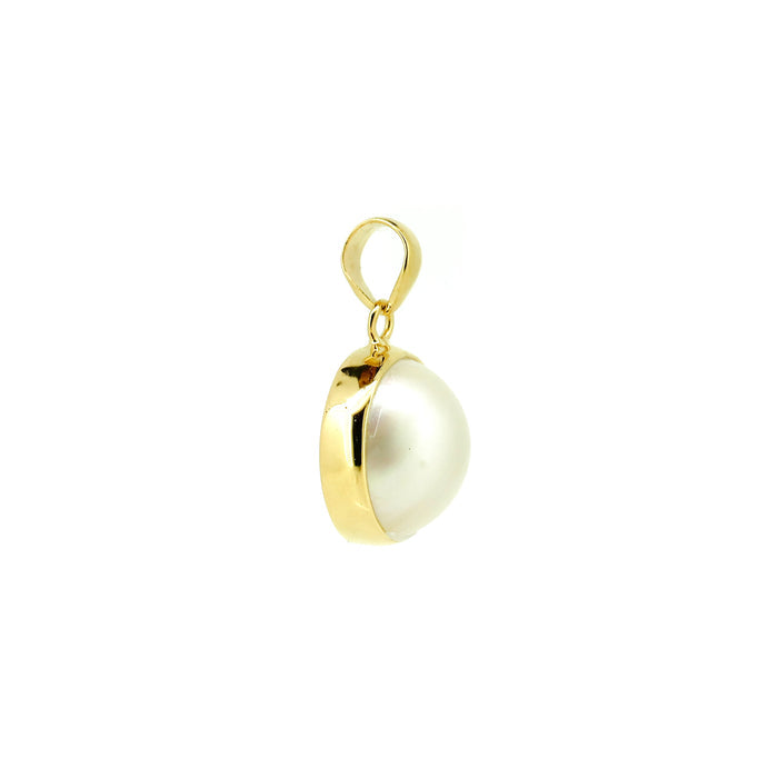 Large round mabe pearl pendant gold bezel set statement pearl