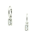 A pair of silver sleeper earrings with sparkling stones attached to hoop closures.