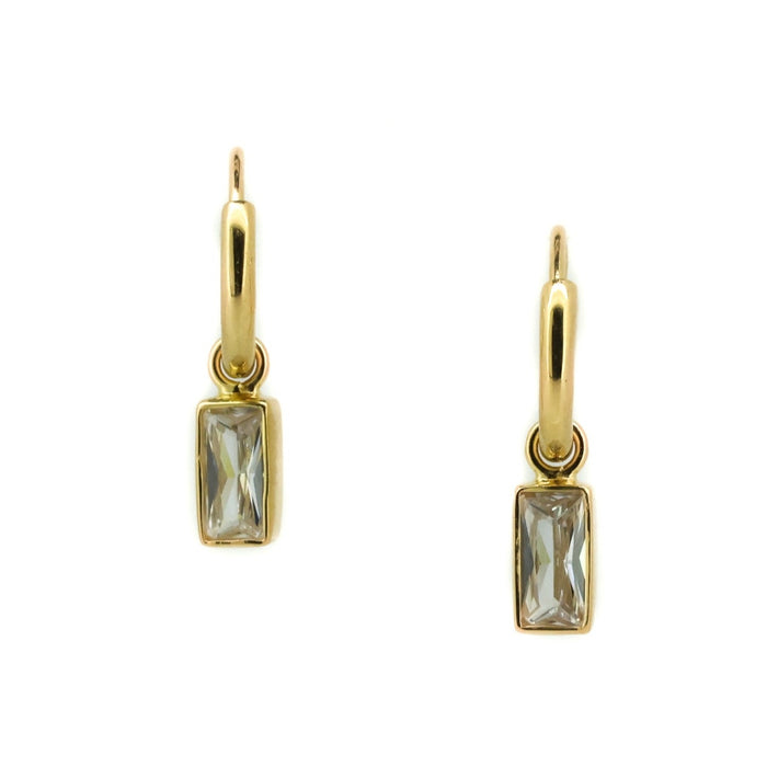 Gold sparkle sleeper earrings with rectangular cubic zirconia designed in Broome Australia