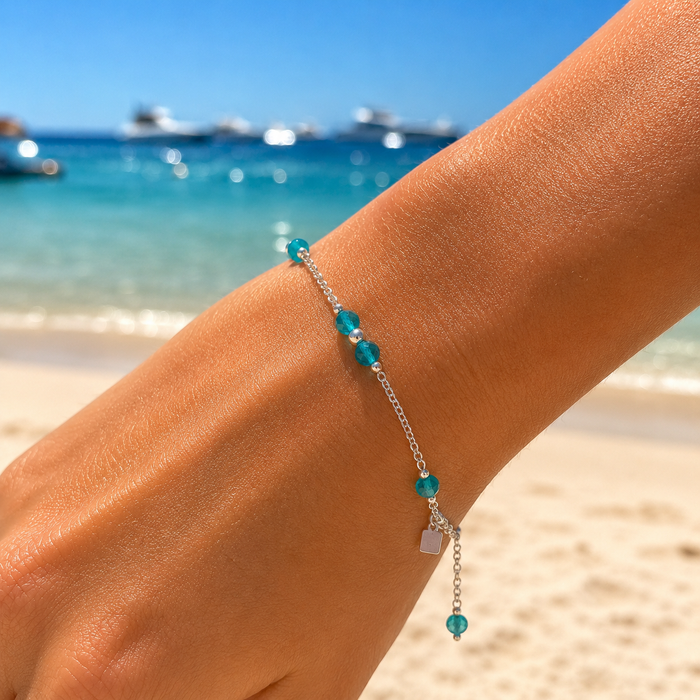 Summer Sky apatite pearl bracelet in sterling silver with blue gemstones and freshwater pearls