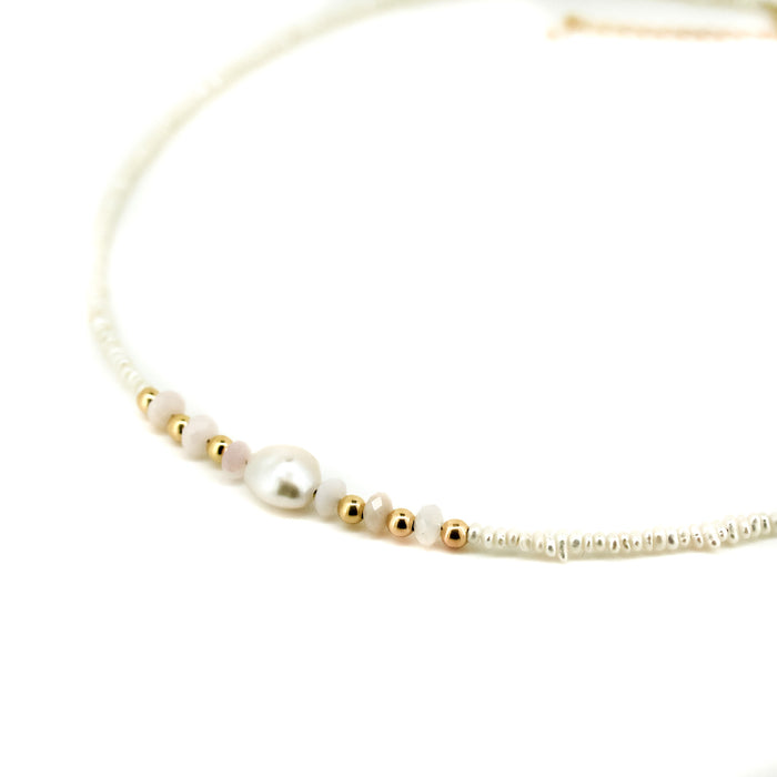 Sunkissed Pink Opal Pearl Necklace in gold vermeil featuring genuine pink opal gemstones and freshwater pearls
