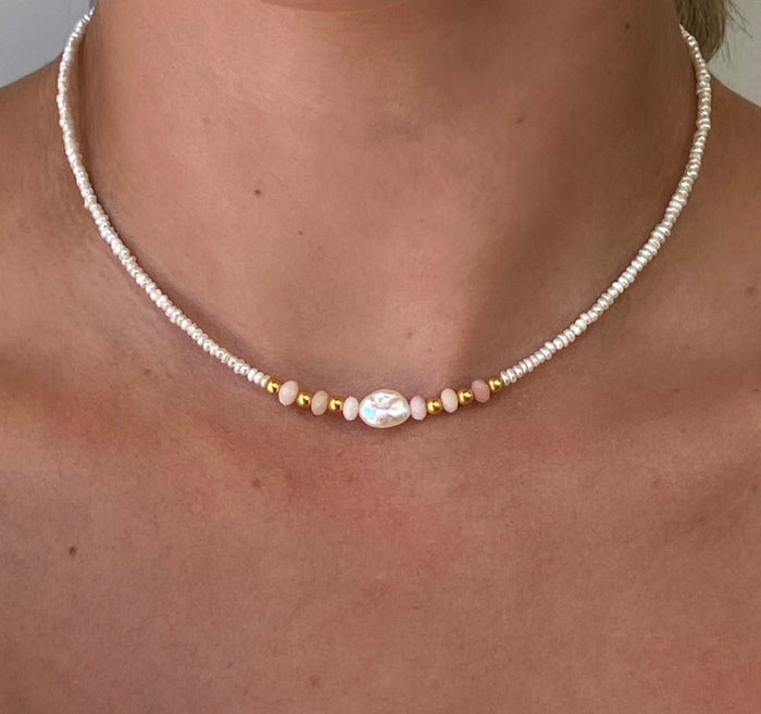 Sunkissed Pink Opal Pearl Necklace Gold | Gold Vermeil Pink Opal & Pearl Necklace