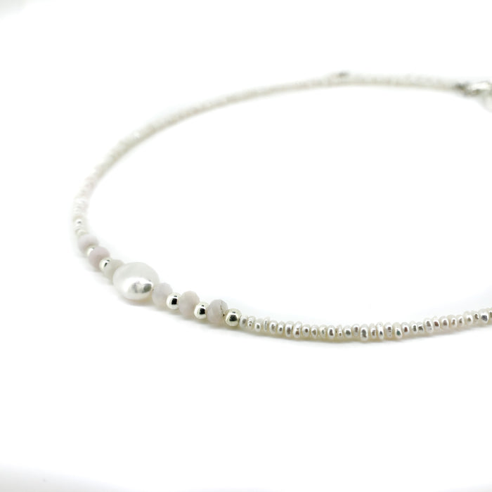 Sunkissed Pink Opal Pearl Necklace Silver featuring pink opal gemstones and genuine freshwater pearls in premium 925 sterling silver.