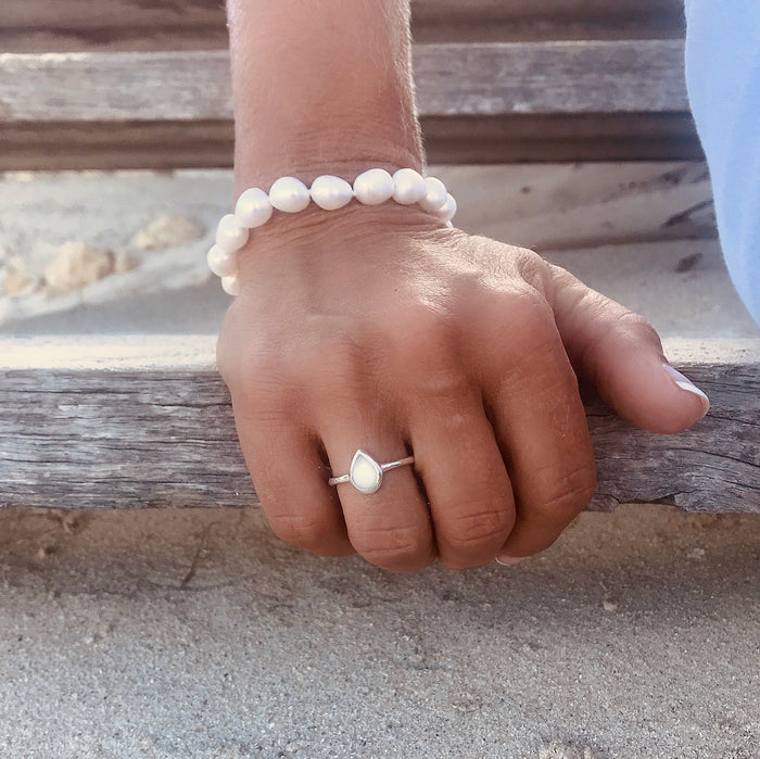 Sunlit Cove mother of pearl ring in sterling silver with teardrop gemstone, Australian designed coastal jewellery from Broome