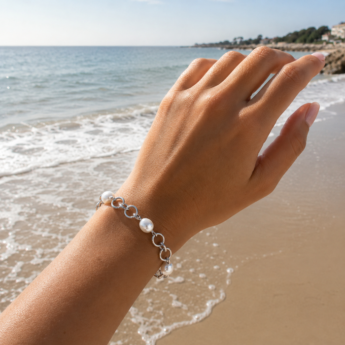 925 sterling silver pearl bracelet with three freshwater pearls and chunky chain links