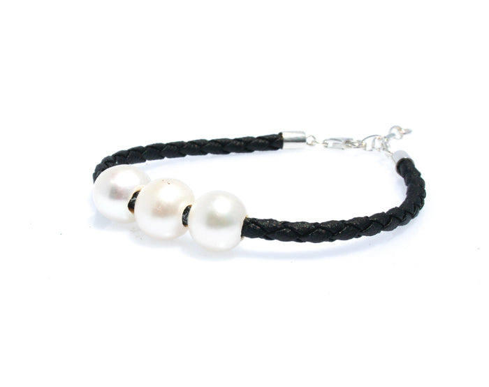 Sunset Shores pearl black braid bracelet with three freshwater pearls and sterling silver clasp