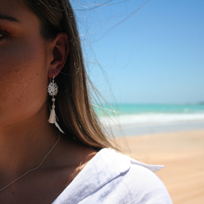 white tassel earrings