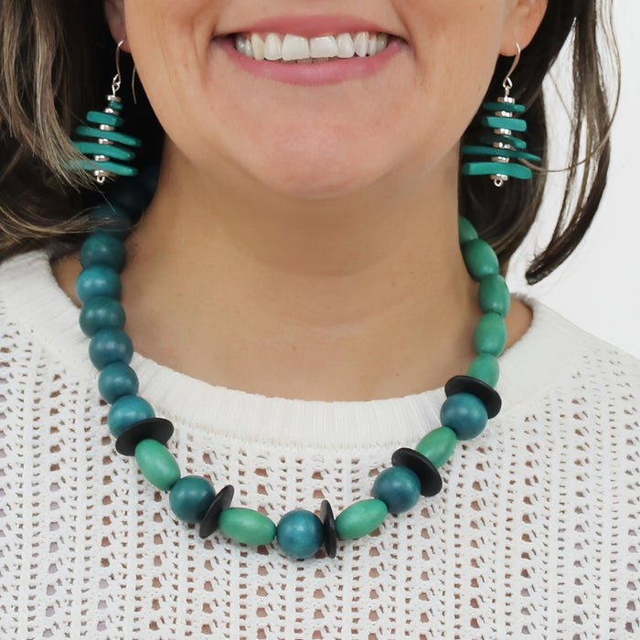 Teal and Aqua Wood Statement Necklace