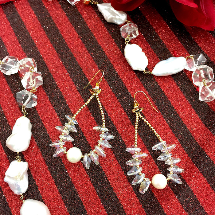 Teardrop Crystals with Freshwater Pearls Hook Earrings AE057 - FARRA