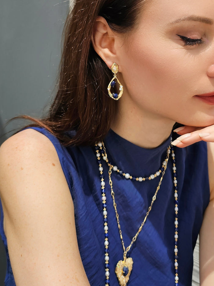 Teardrop Frame Adorned Lapis Stone Statement Earrings PE022