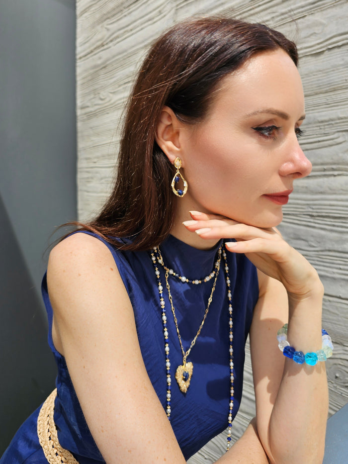 Teardrop Frame Adorned Lapis Stone Statement Earrings PE022