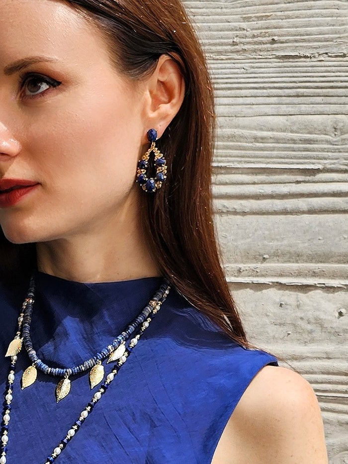 Teardrop Frame Adorned Lapis Stone Statement Earrings PE024