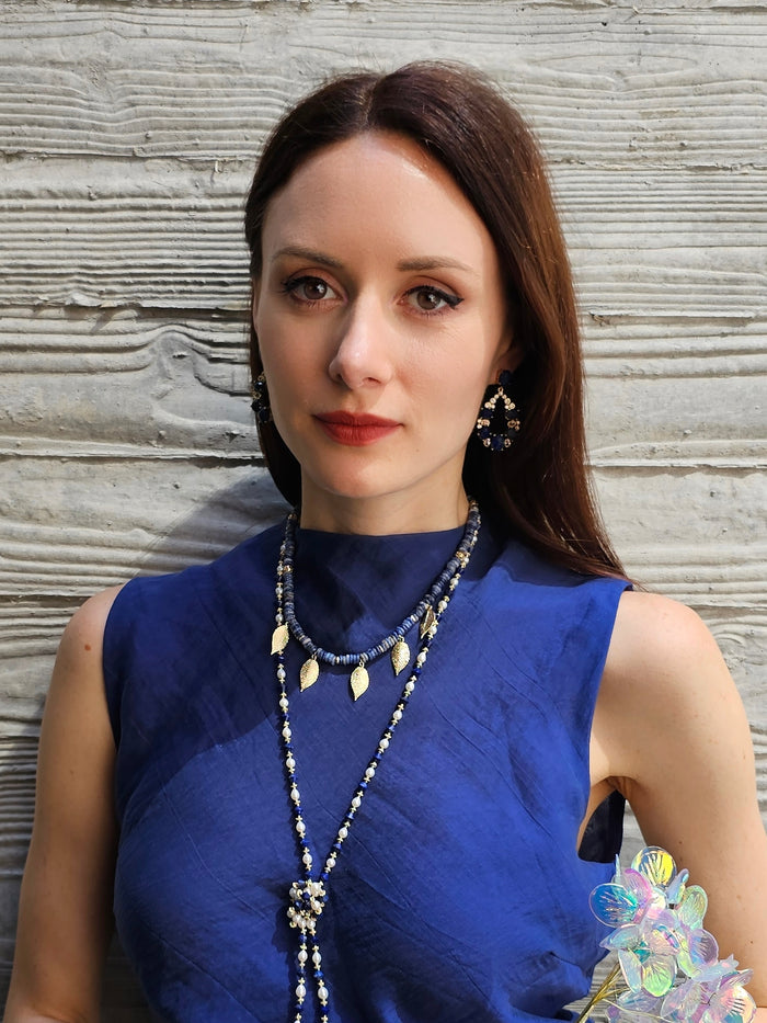 Teardrop Frame Adorned Lapis Stone Statement Earrings PE024