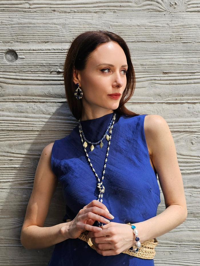 Teardrop Frame Adorned Lapis Stone Statement Earrings PE024