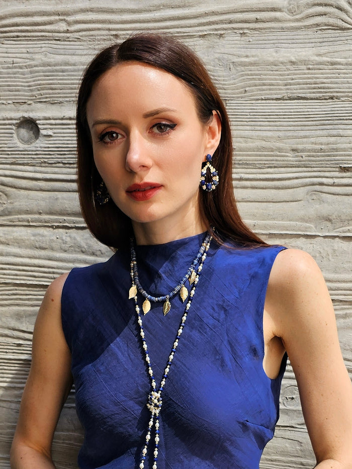 Teardrop Frame Adorned Lapis Stone Statement Earrings PE024
