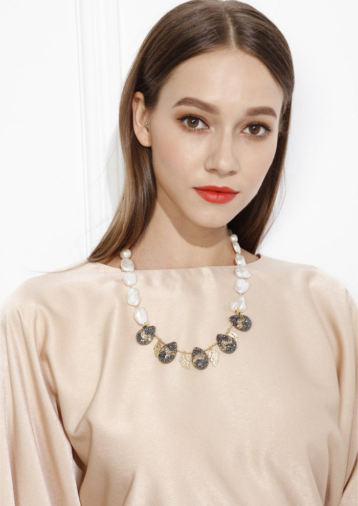 Teardrop Rhinestone with Freshwater Pearls Statement Necklace MN011 - FARRA