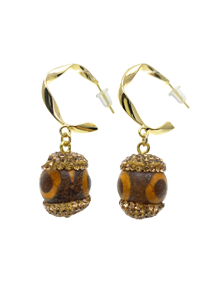 Tibetan Dzi Bead With Rhinestones Hook Earrings HE011 - FARRA