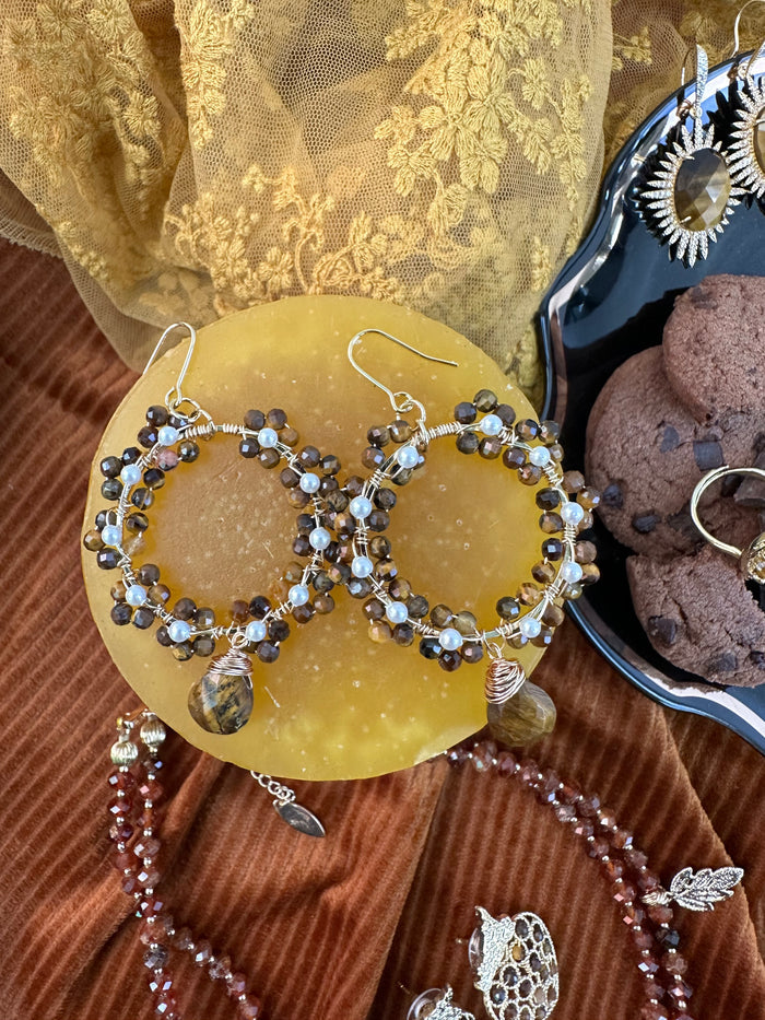 Tiger Eye Stone Crafted Flower Dangle Earrings KE016 - FARRA