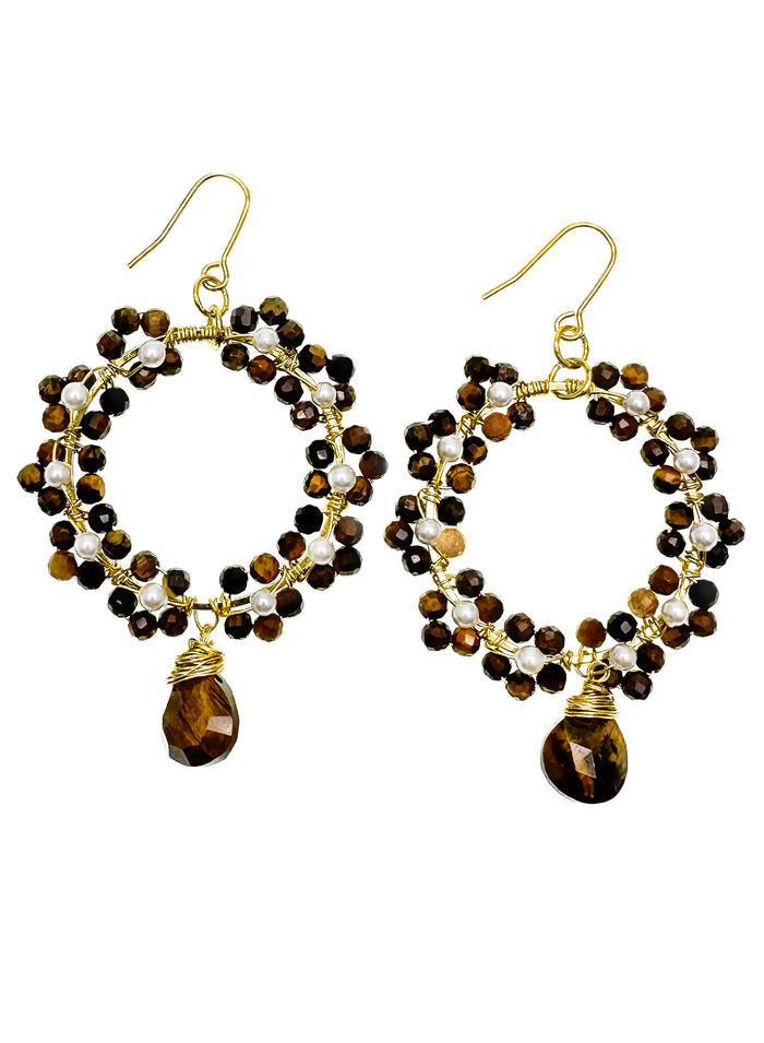 Tiger Eye Stone Crafted Flower Dangle Earrings KE016 - FARRA