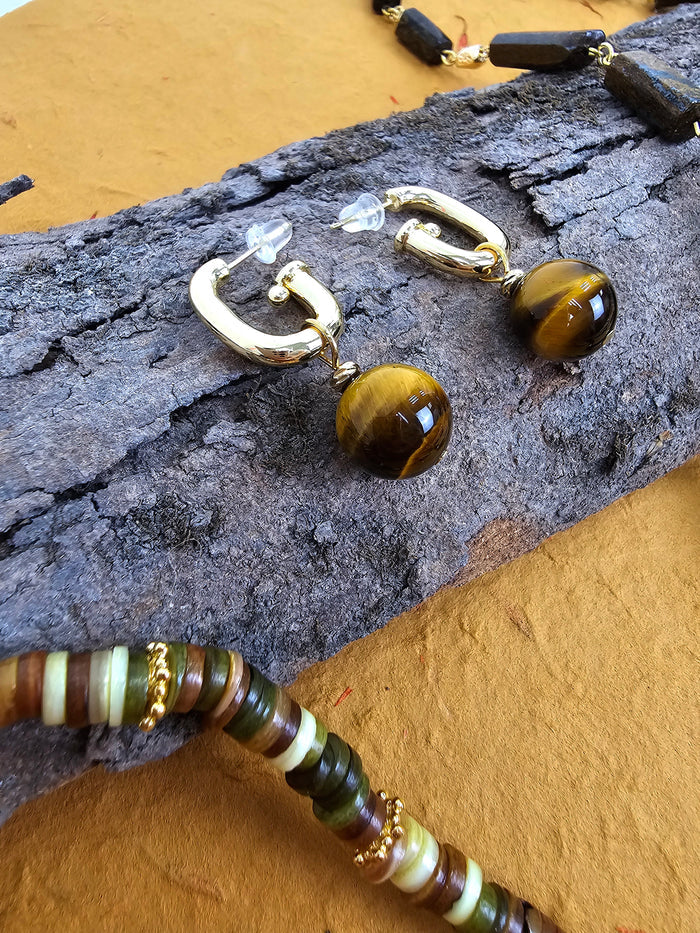 Tiger-eye Stone Dangle Modern Hoop Earrings QE006
