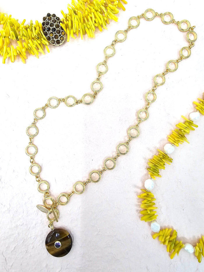 Tiger-eye Stone Pendant Lariat Necklace QN004