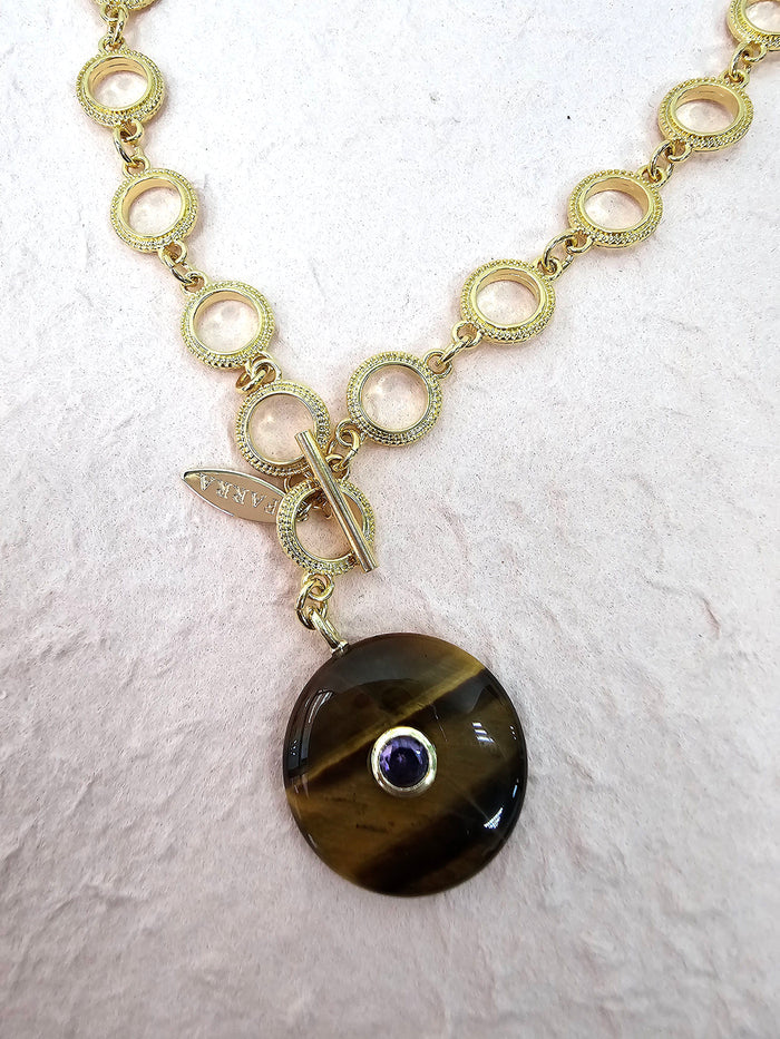 Tiger-eye Stone Pendant Lariat Necklace QN004