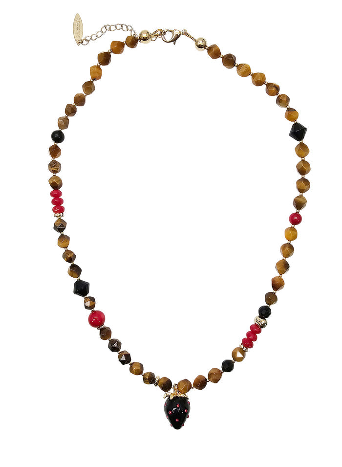 Tiger-eye With Bamboo Coral And Black Strawberry Pendant Necklace PN056