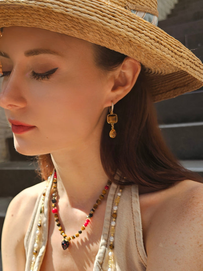Tiger-eye With Bamboo Coral And Black Strawberry Pendant Necklace PN056